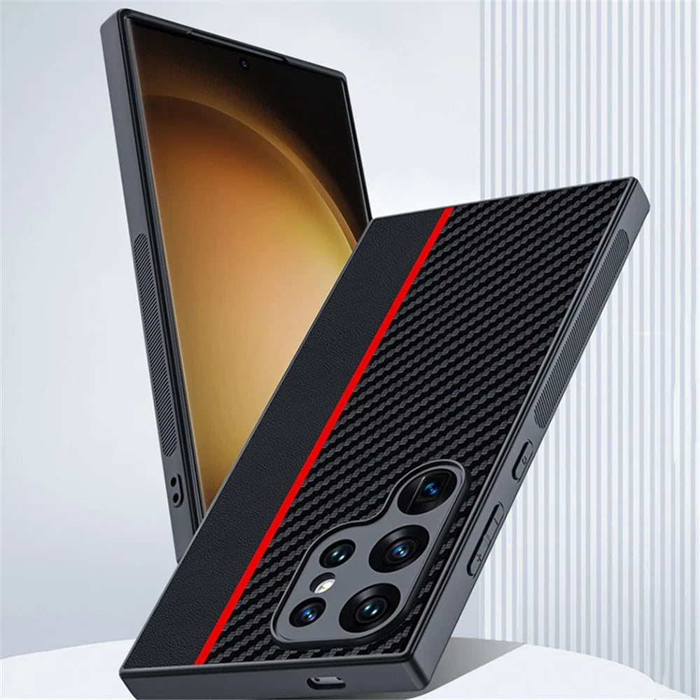 For Samsung Galaxy S24 Ultra Case Leather+PC Hard Phone Cover Carbon Fiber Texture - Black / Red - 2