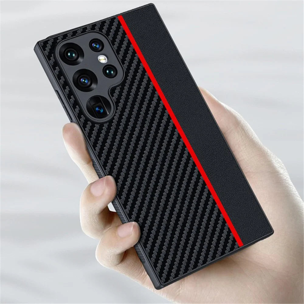 For Samsung Galaxy S24 Ultra Case Leather+PC Hard Phone Cover Carbon Fiber Texture - Black / Red - 3