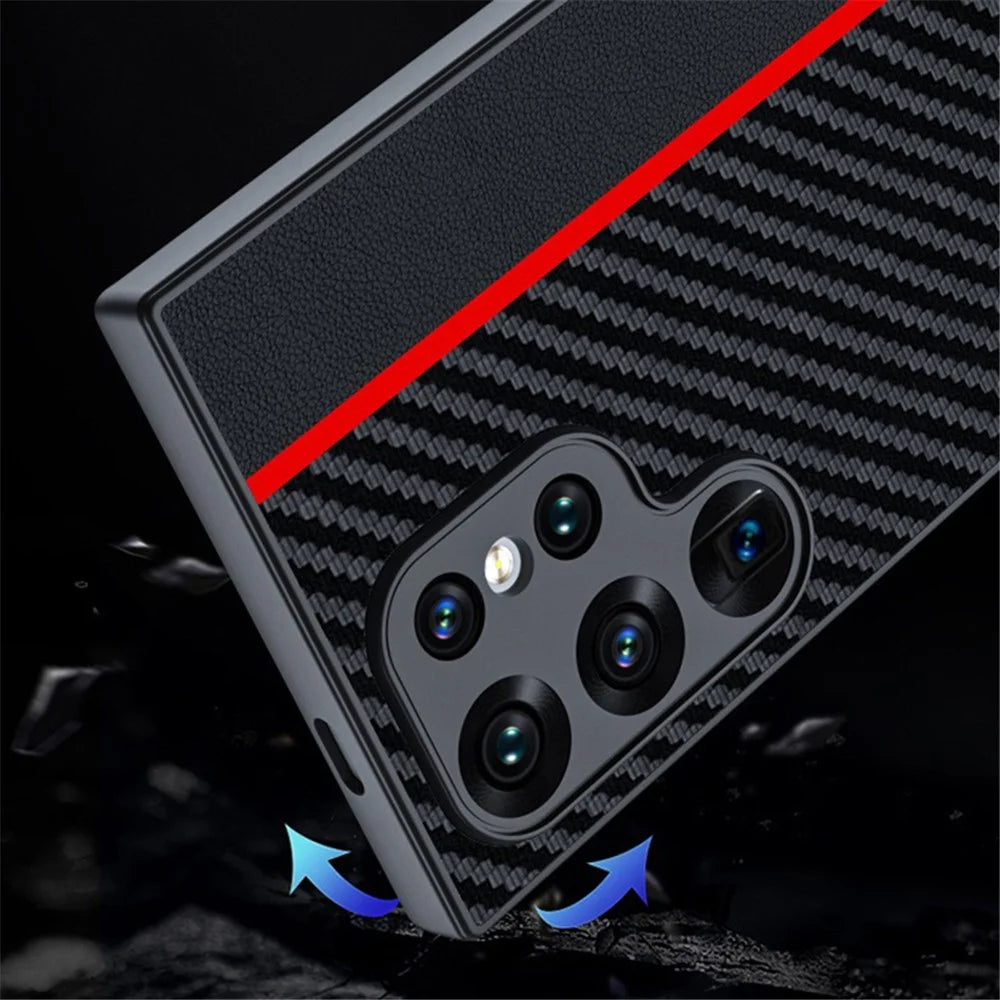 For Samsung Galaxy S24 Ultra Case Leather+PC Hard Phone Cover Carbon Fiber Texture - Black / Red - 4