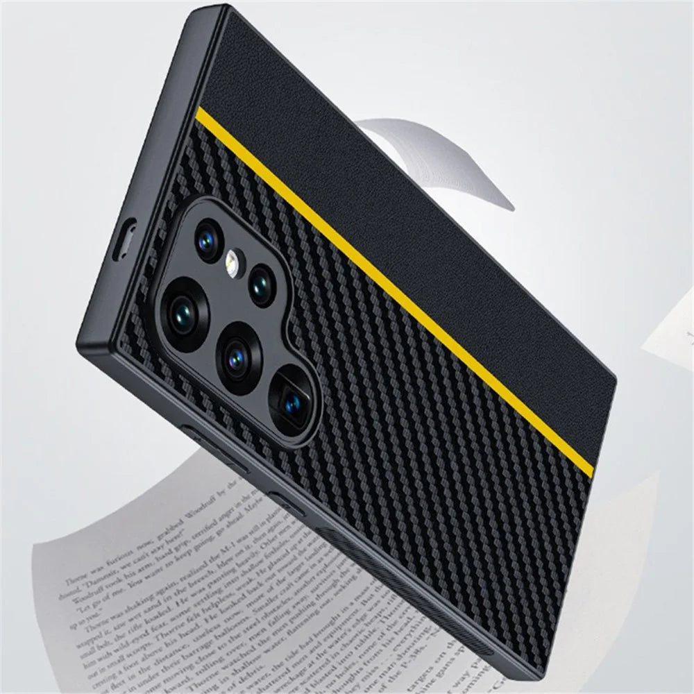 For Samsung Galaxy S24 Ultra Case Leather+PC Hard Phone Cover Carbon Fiber Texture - Black / Red - 5