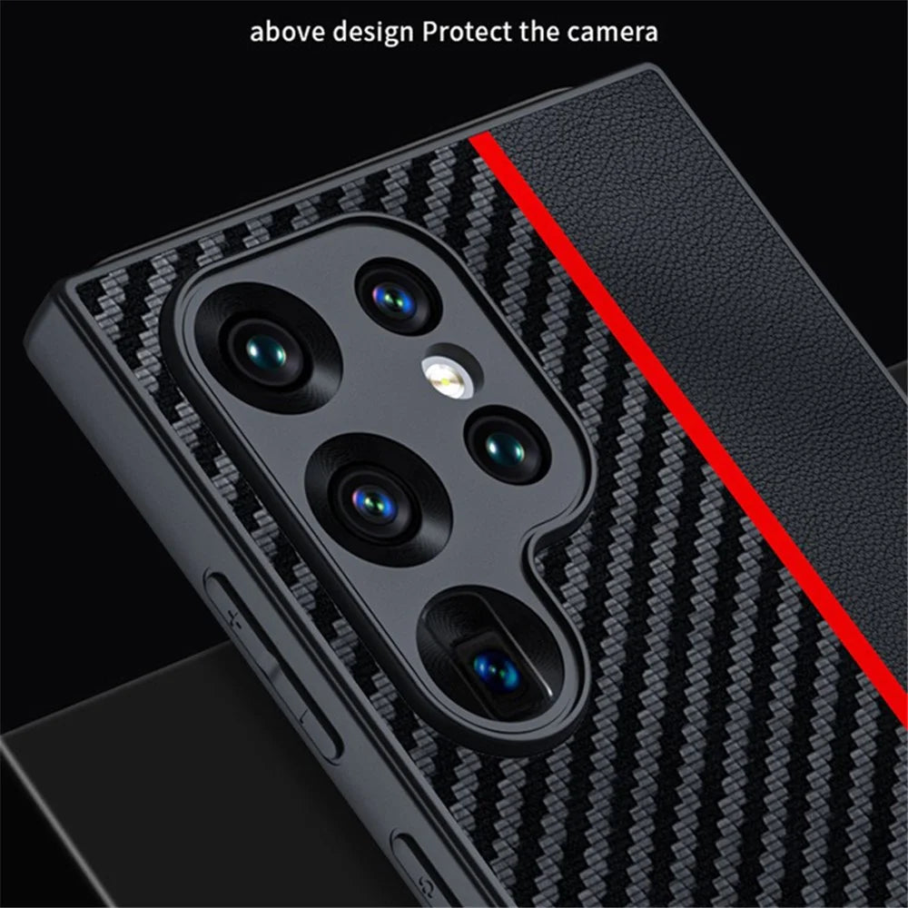 For Samsung Galaxy S24 Ultra Case Leather+PC Hard Phone Cover Carbon Fiber Texture - Black / Red - 6