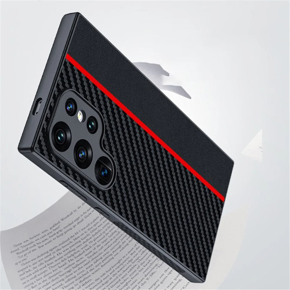 For Samsung Galaxy S24 Ultra Case Leather+PC Hard Phone Cover Carbon Fiber Texture - Black / Red - 7