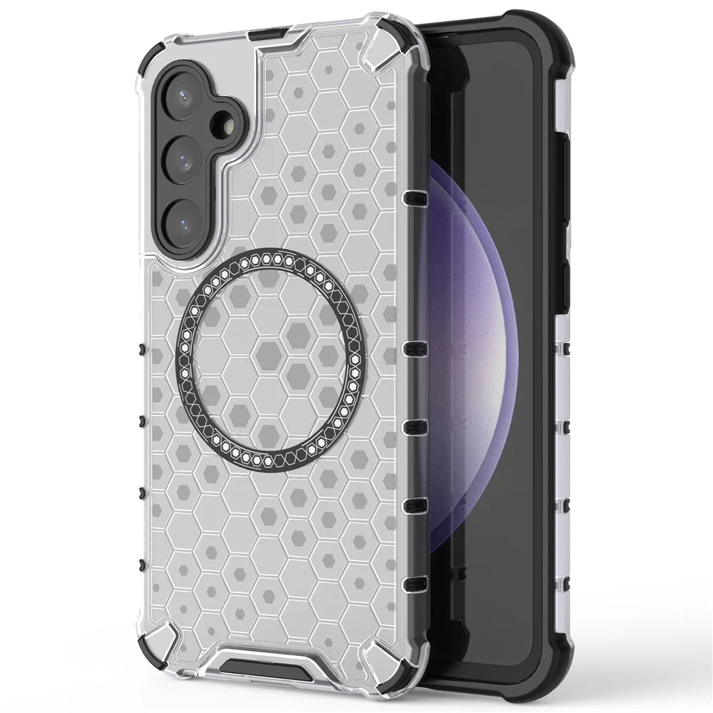 For Samsung Galaxy S23 FE Case Honeycomb Magnetic Ring TPU+PC Phone Cover - Transparent - 1