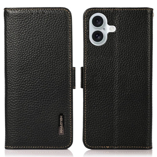 KHAZNEH For iPhone 16 Plus Wallet Case RFID Blocking Genuine Cow Leather Phone Cover - Black - 1
