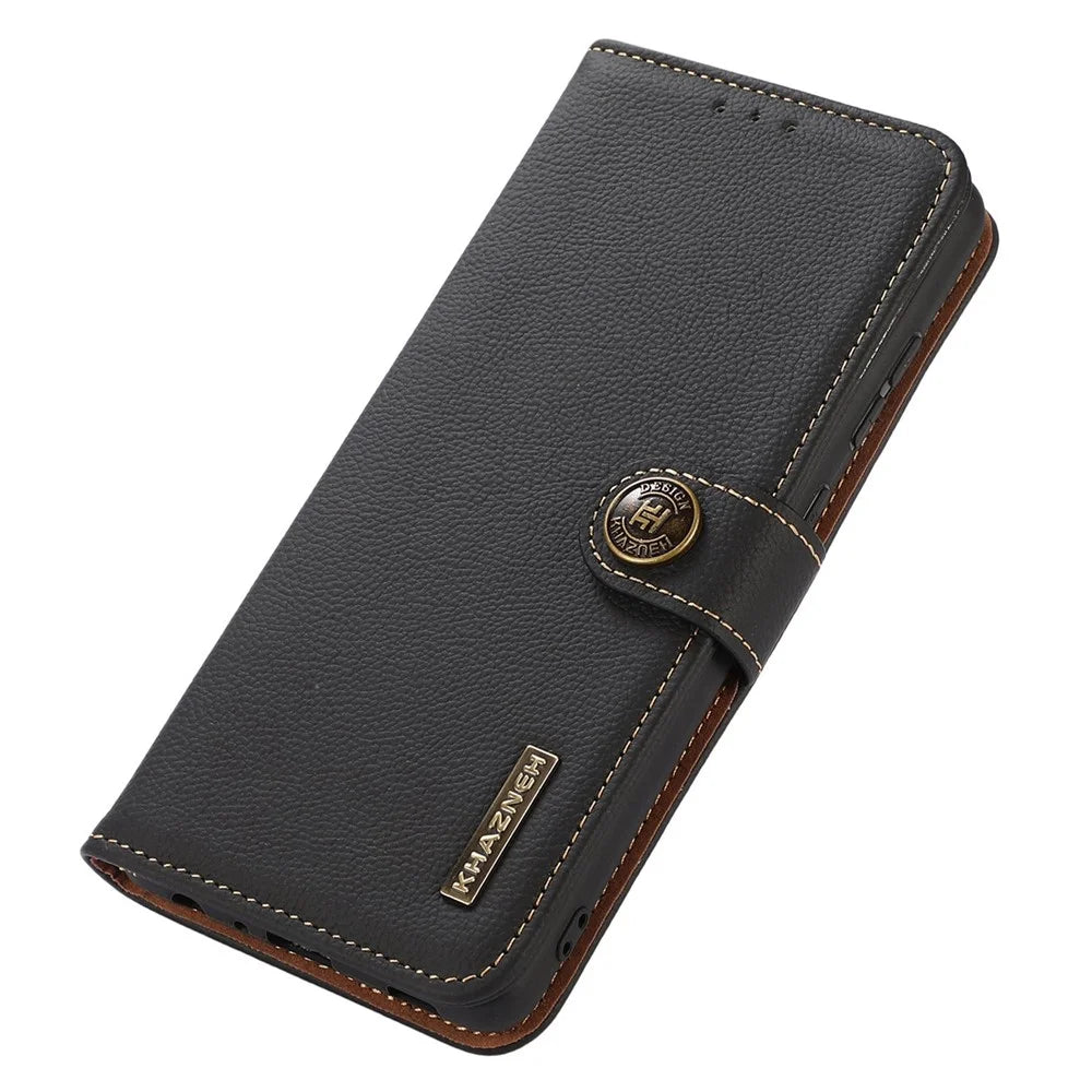 KHAZNEH For iPhone 16 Plus Case Stand Wallet RFID Blocking Genuine Cow Leather Phone Cover - Black - 6