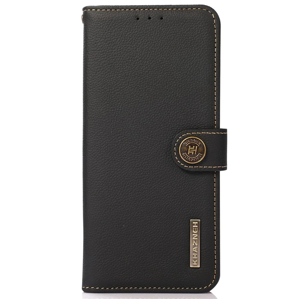 KHAZNEH For iPhone 16 Plus Case Stand Wallet RFID Blocking Genuine Cow Leather Phone Cover - Black - 7