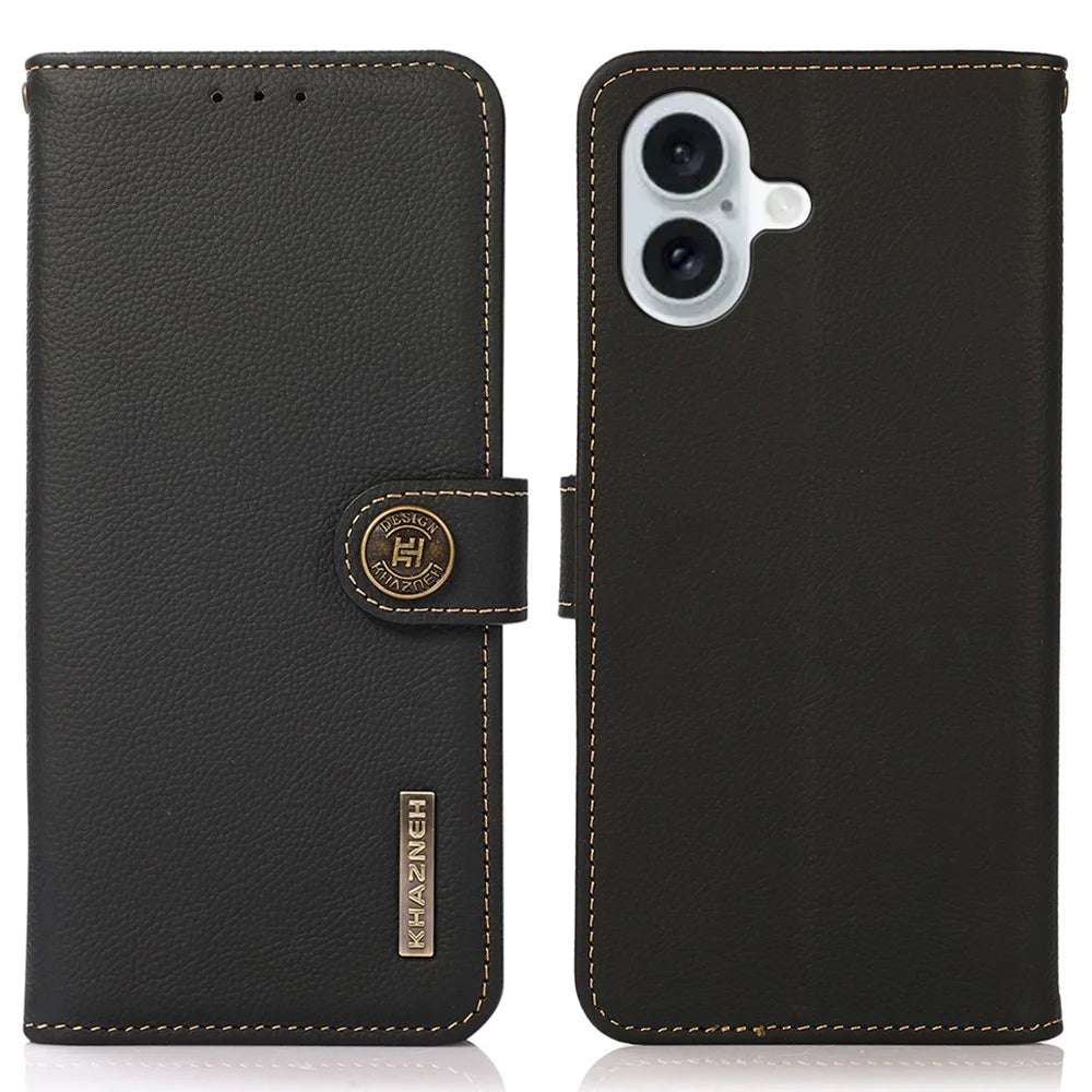 KHAZNEH For iPhone 16 Case RFID Blocking Genuine Cow Leather Phone Wallet Cover -  Black - 1