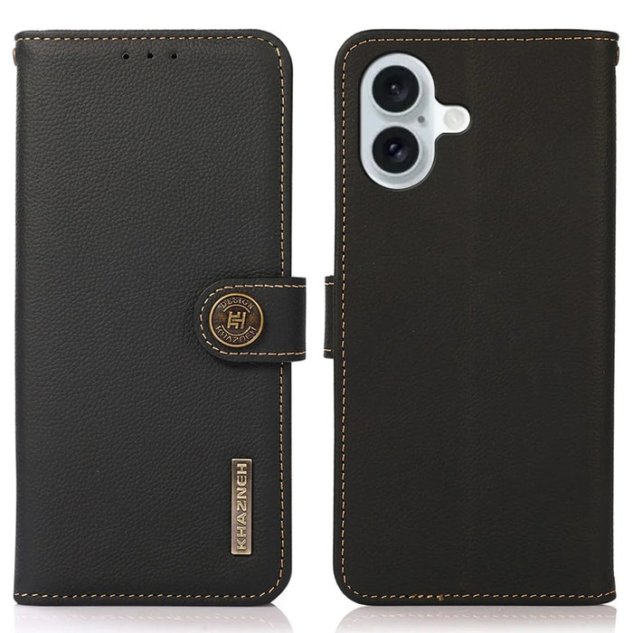 KHAZNEH For iPhone 16 Case RFID Blocking Genuine Cow Leather Phone Wallet Cover -  Black - 1