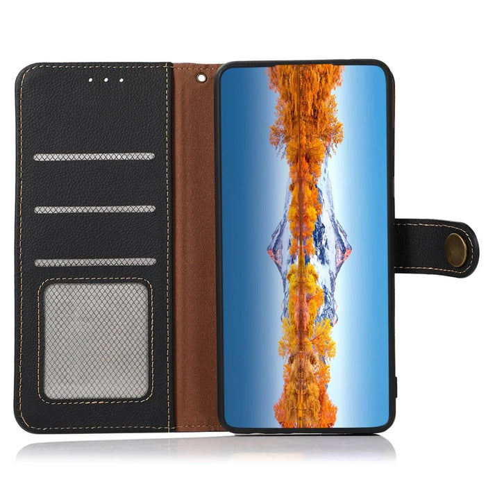 KHAZNEH For iPhone 16 Case RFID Blocking Genuine Cow Leather Phone Wallet Cover -  Black - 4