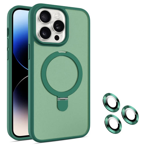 For iPhone 14 Pro Max Case Magnetic Kickstand PC+TPU Phone Case with Individual Lens Film - Green - 1