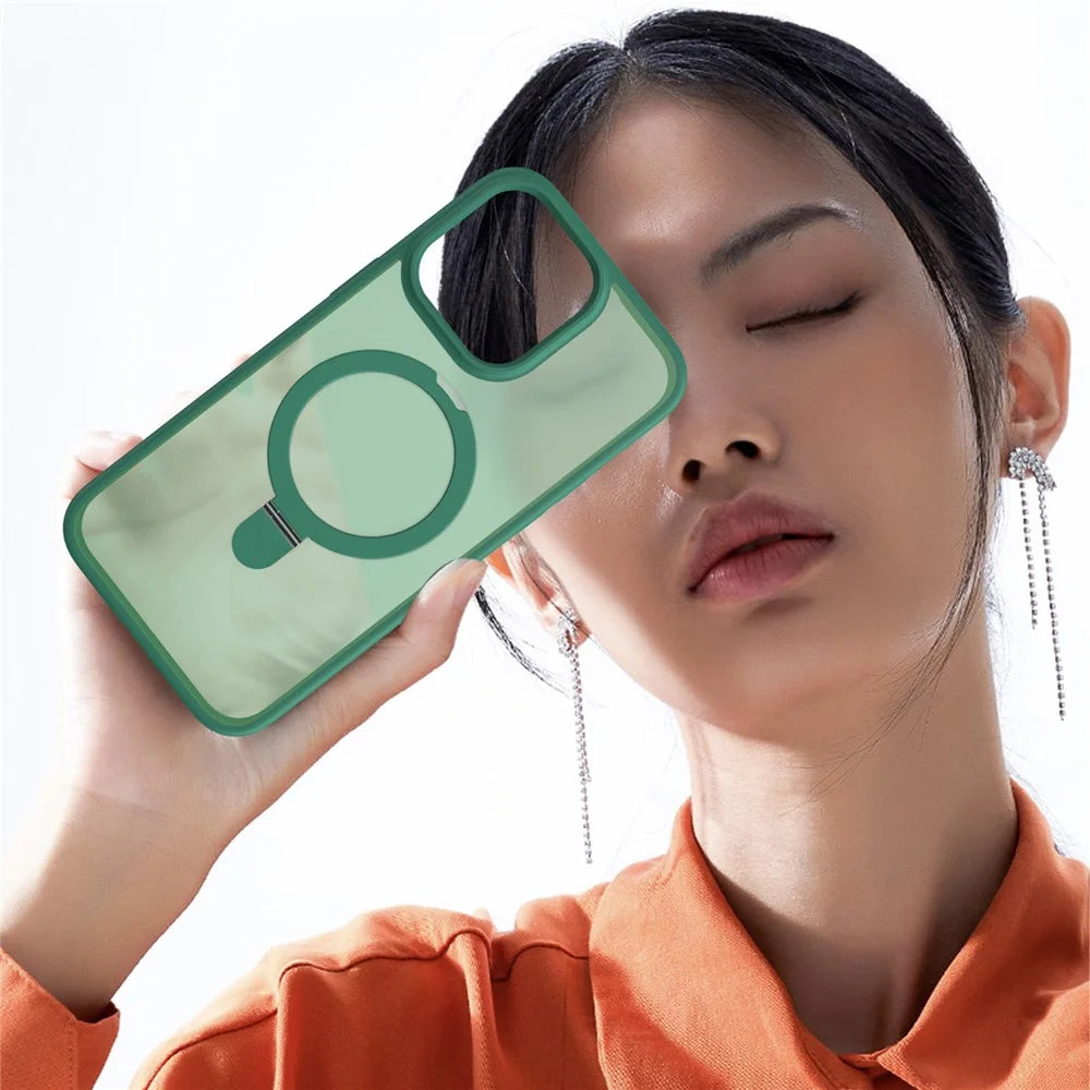 For iPhone 14 Pro Max Case Magnetic Kickstand PC+TPU Phone Case with Individual Lens Film - Green - 6