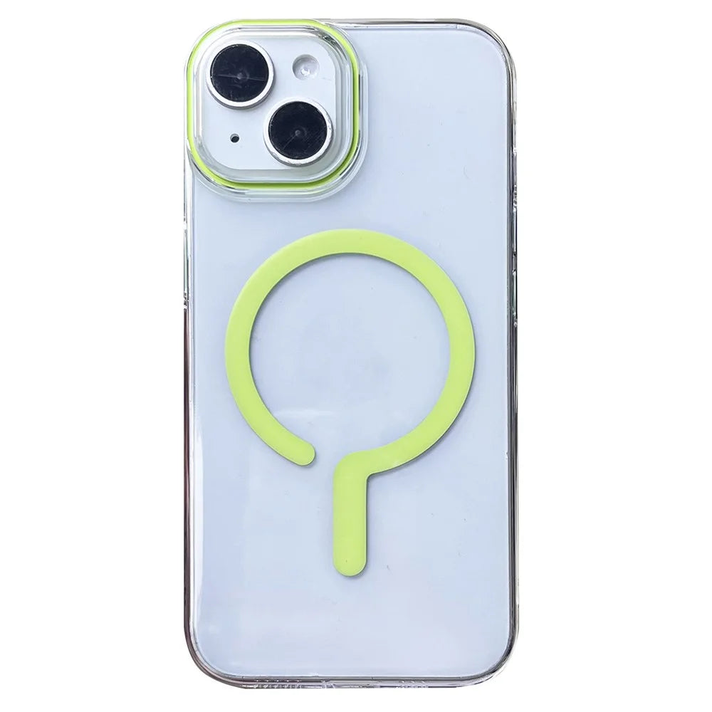 For iPhone 14 Clear Magnetic Case Hard PC+Soft TPU Protective Phone Cover - Fluorescent Green - 1
