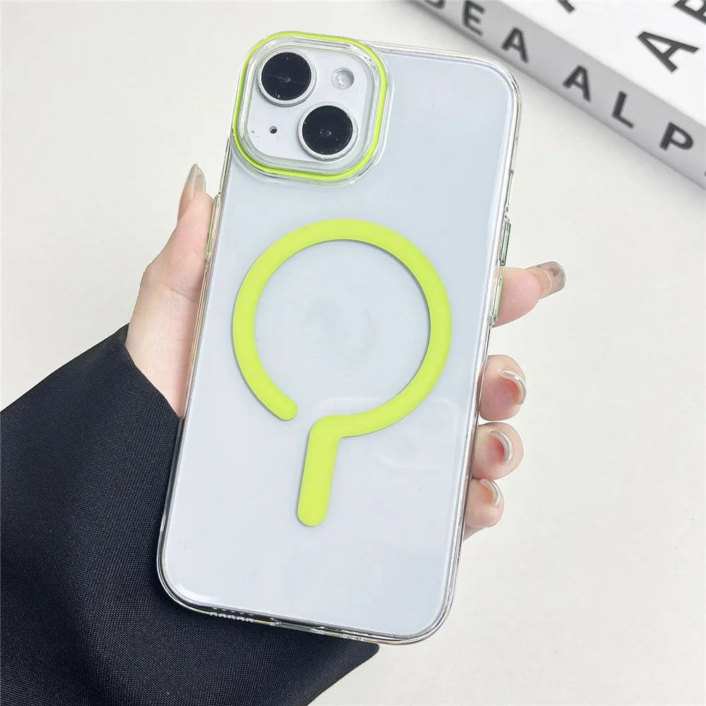 For iPhone 14 Clear Magnetic Case Hard PC+Soft TPU Protective Phone Cover - Fluorescent Green - 2