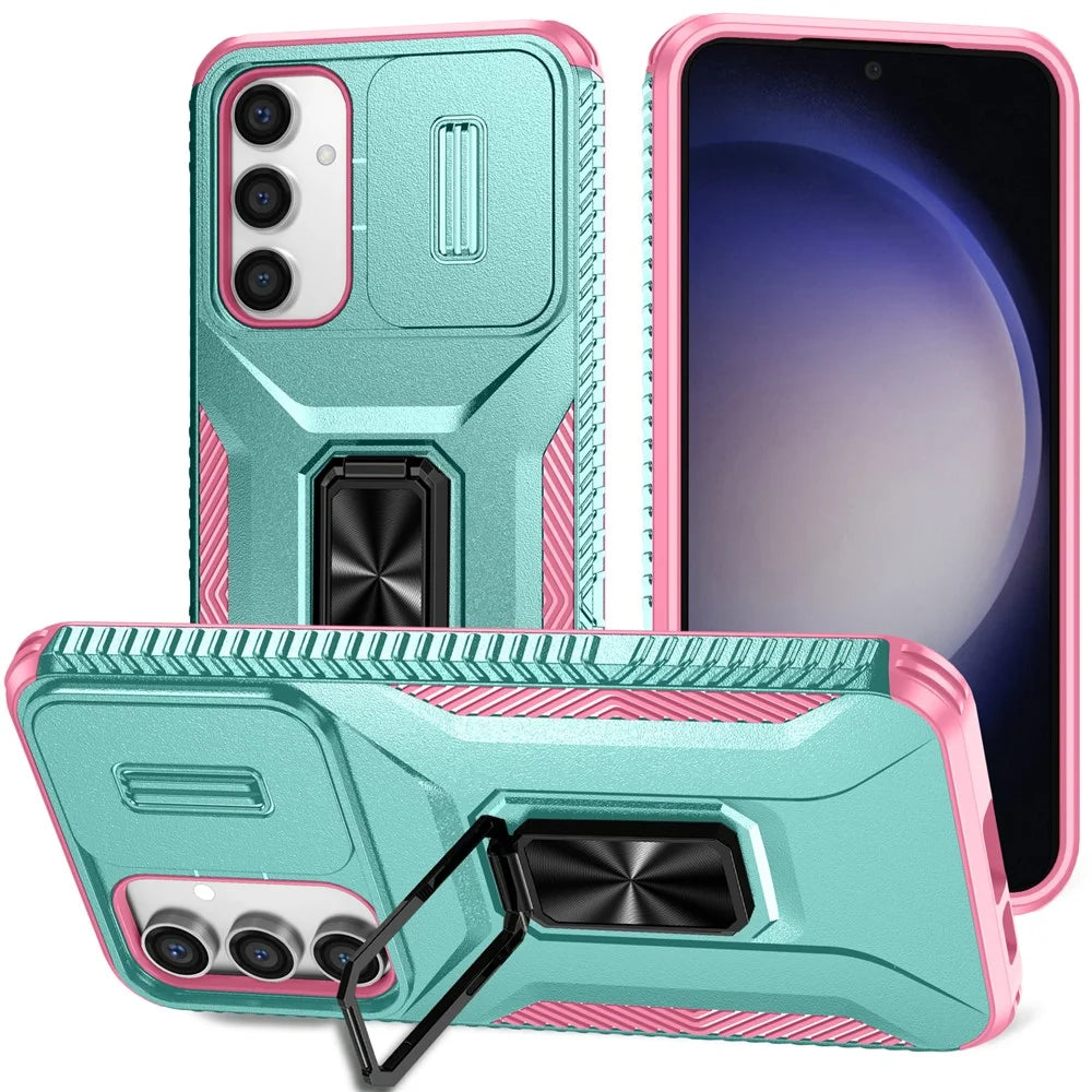 For Samsung Galaxy S23 FE Kickstand Case TPU+PC Phone Protector with Slide Lens Cover - Grey Green+Pink - 1