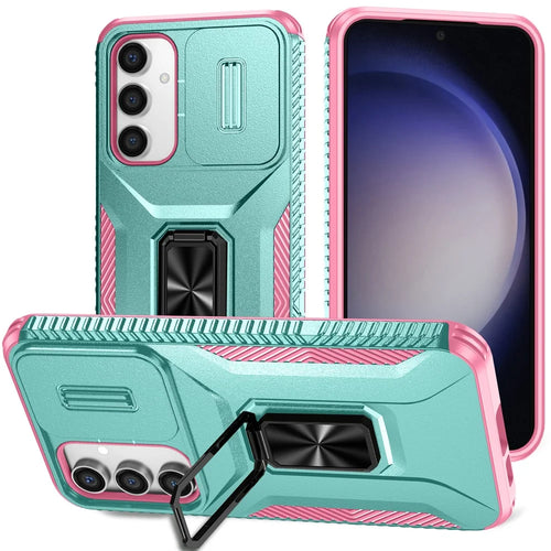 For Samsung Galaxy S23 FE Kickstand Case TPU+PC Phone Protector with Slide Lens Cover - Grey Green+Pink - 1