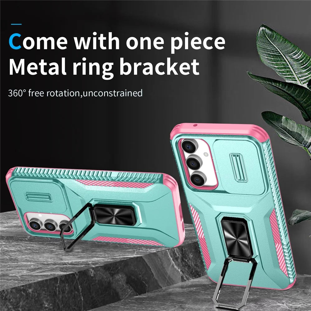 For Samsung Galaxy S23 FE Kickstand Case TPU+PC Phone Protector with Slide Lens Cover - Grey Green+Pink - 2