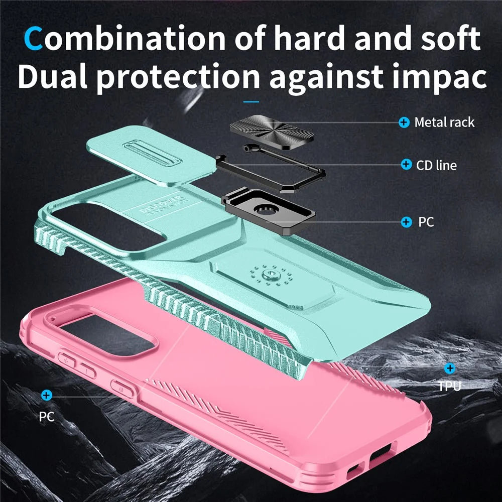 For Samsung Galaxy S23 FE Kickstand Case TPU+PC Phone Protector with Slide Lens Cover - Grey Green+Pink - 3