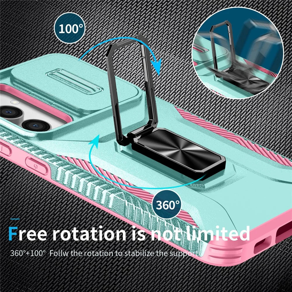 For Samsung Galaxy S23 FE Kickstand Case TPU+PC Phone Protector with Slide Lens Cover - Grey Green+Pink - 4