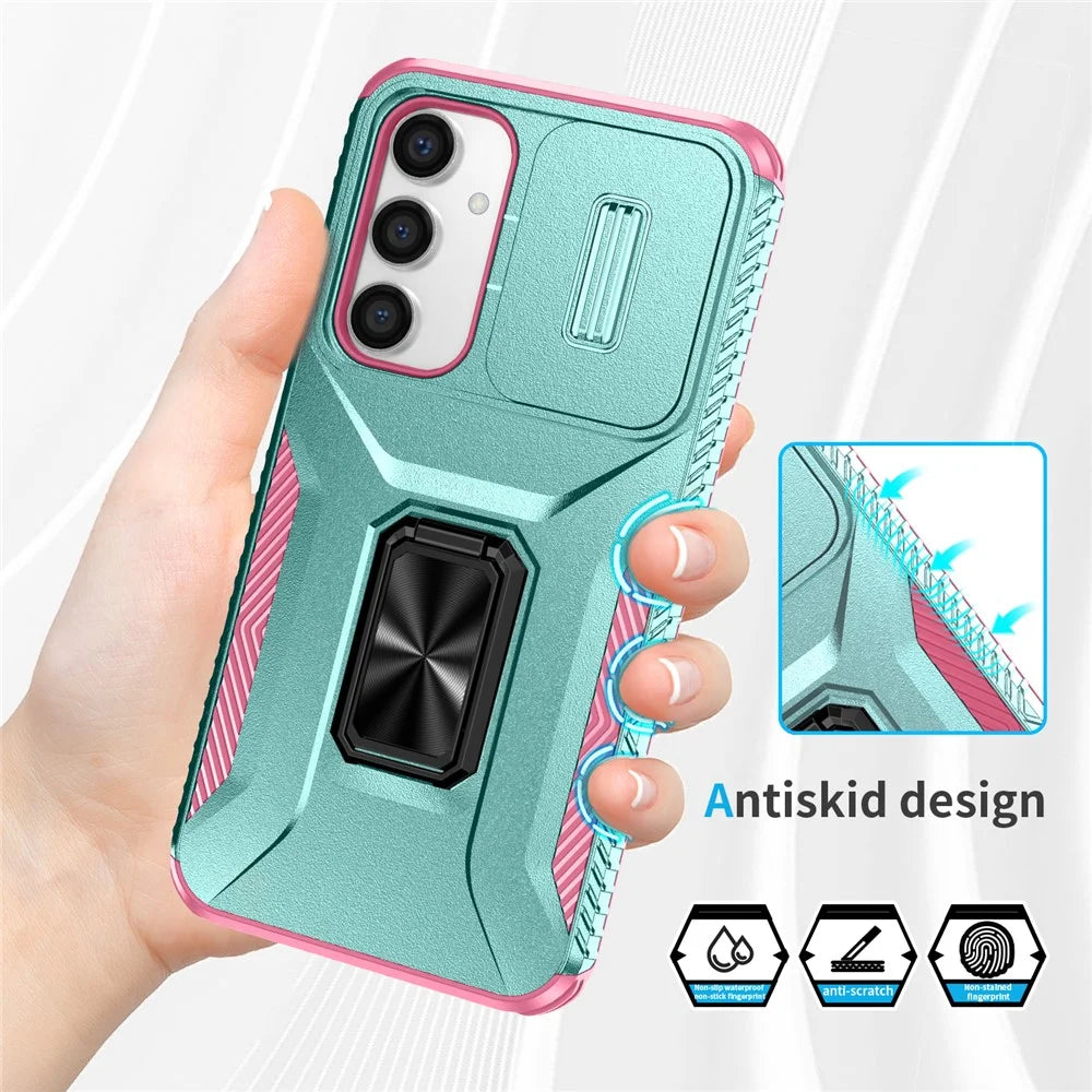 For Samsung Galaxy S23 FE Kickstand Case TPU+PC Phone Protector with Slide Lens Cover - Grey Green+Pink - 5