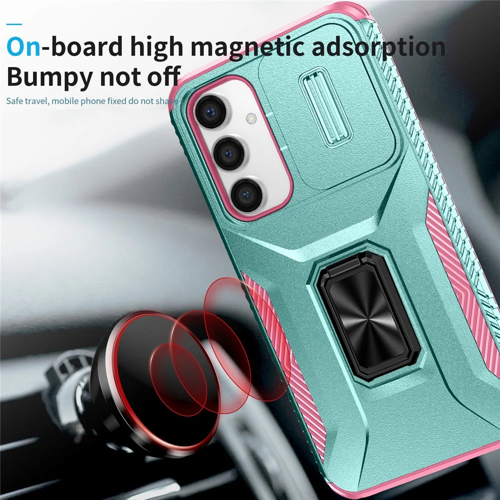 For Samsung Galaxy S23 FE Kickstand Case TPU+PC Phone Protector with Slide Lens Cover - Grey Green+Pink - 6