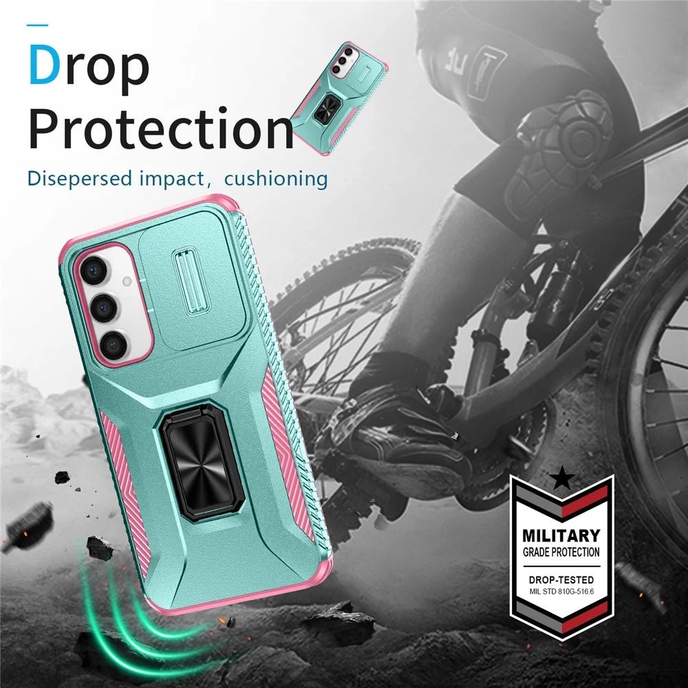 For Samsung Galaxy S23 FE Kickstand Case TPU+PC Phone Protector with Slide Lens Cover - Grey Green+Pink - 7