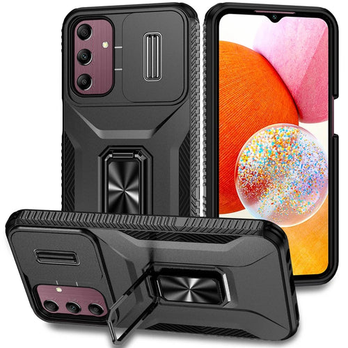 For Samsung Galaxy A15 5G Case Kickstand Slide Lens Lid TPU+PC Hybrid Phone Cover - Black - 1