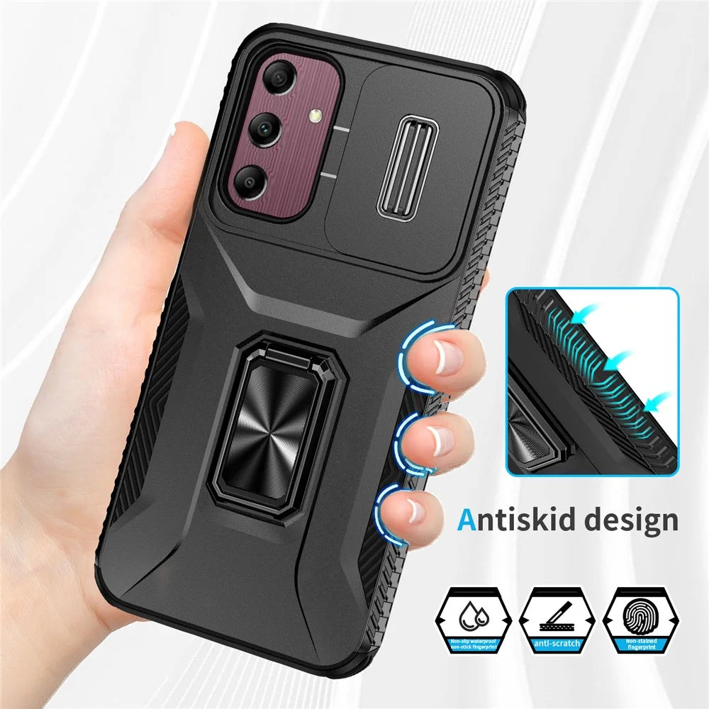 For Samsung Galaxy A15 5G Case Kickstand Slide Lens Lid TPU+PC Hybrid Phone Cover - Black - 4