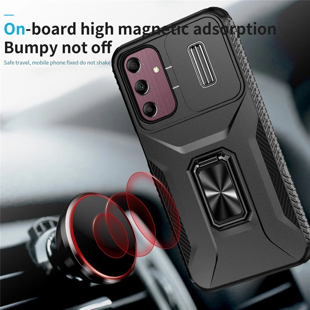 For Samsung Galaxy A15 5G Case Kickstand Slide Lens Lid TPU+PC Hybrid Phone Cover - Black - 5