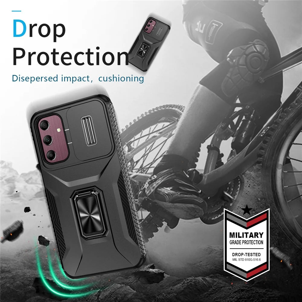 For Samsung Galaxy A15 5G Case Kickstand Slide Lens Lid TPU+PC Hybrid Phone Cover - Black - 6