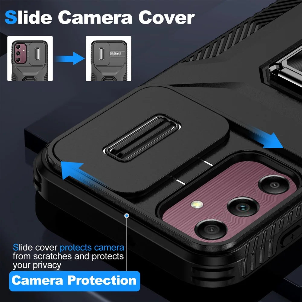 For Samsung Galaxy A15 5G Case Kickstand Slide Lens Lid TPU+PC Hybrid Phone Cover - Black - 7