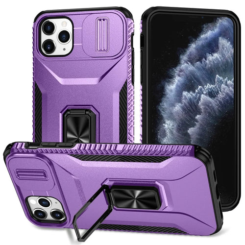 For iPhone 11 Pro Max Case TPU+PC Lens Protection Phone Cover with Ring Kickstand -  Purple - 1
