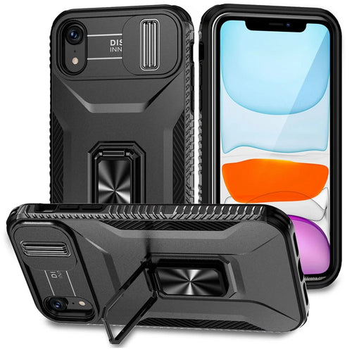 For iPhone XR Case TPU+PC Ring Kickstand Phone Cover Support Magnetic Car Mount -  Black - 1