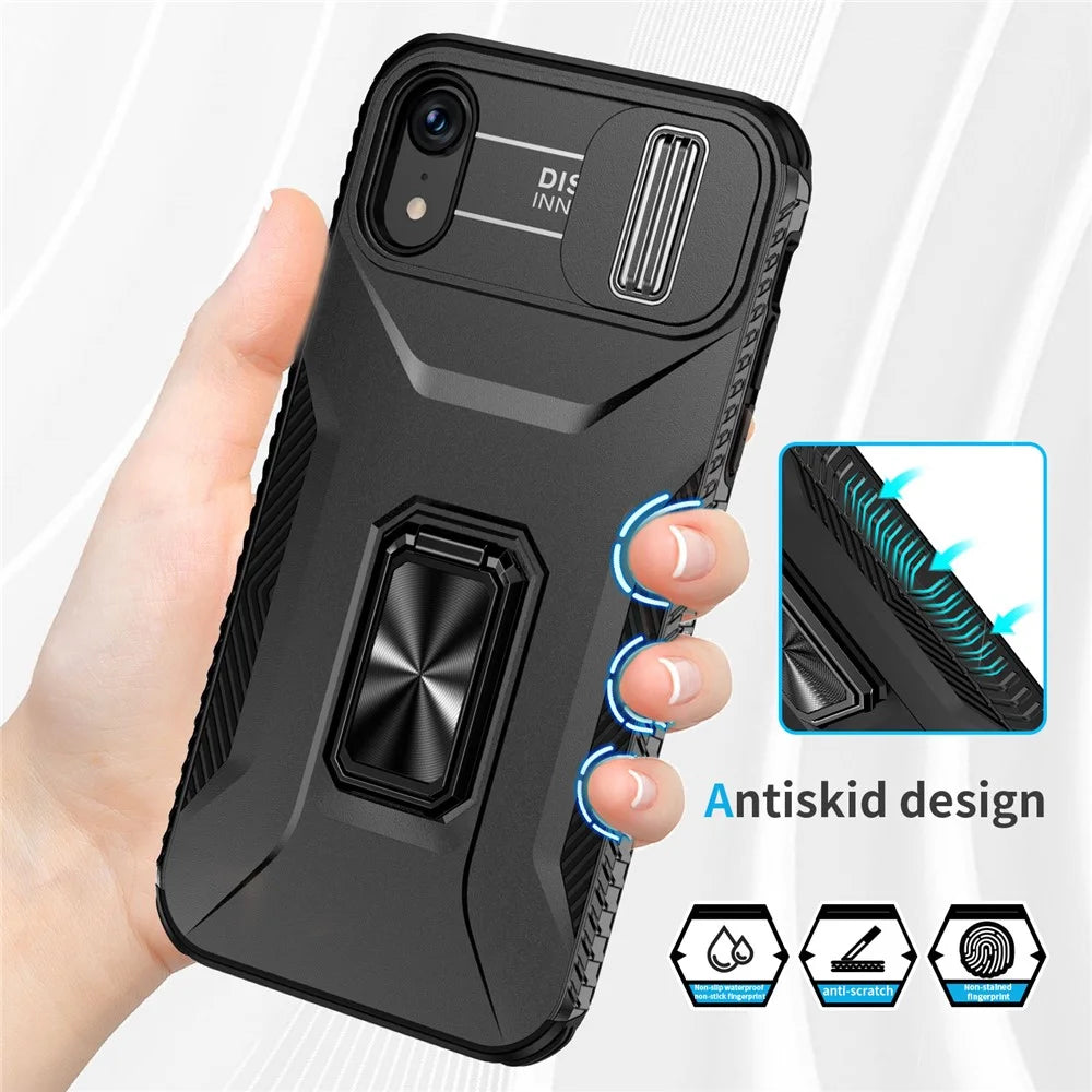 For iPhone XR Case TPU+PC Ring Kickstand Phone Cover Support Magnetic Car Mount -  Black - 2