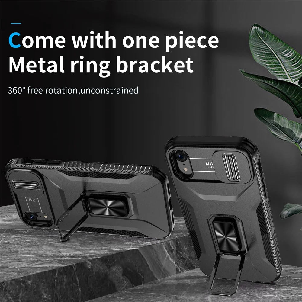 For iPhone XR Case TPU+PC Ring Kickstand Phone Cover Support Magnetic Car Mount -  Black - 5