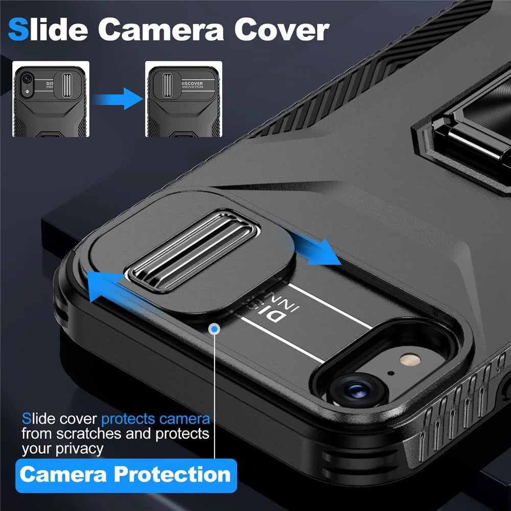 For iPhone XR Case TPU+PC Ring Kickstand Phone Cover Support Magnetic Car Mount -  Black - 7