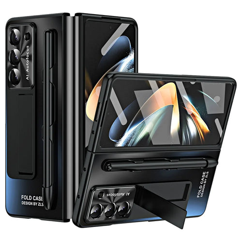 For Samsung Galaxy Z Fold6 5G AG Case Kickstand Matte PC Phone Cover with Tempered Glass Film / Stylus Pen - Black - 1
