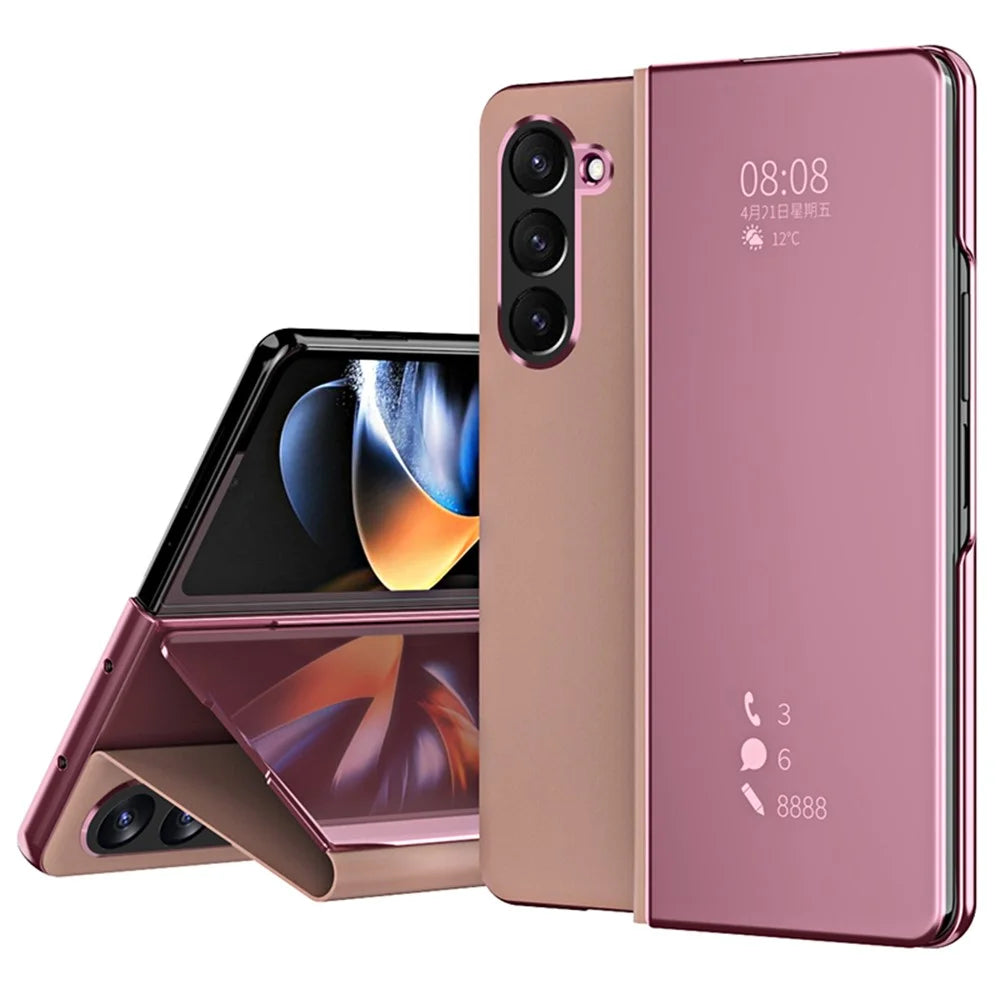 For Samsung Galaxy Z Fold6 5G Case Electroplating View Window Stand Leather Phone Cover - Pink - 1