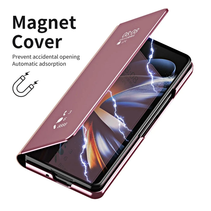 For Samsung Galaxy Z Fold6 5G Case Electroplating View Window Stand Leather Phone Cover - Pink - 6
