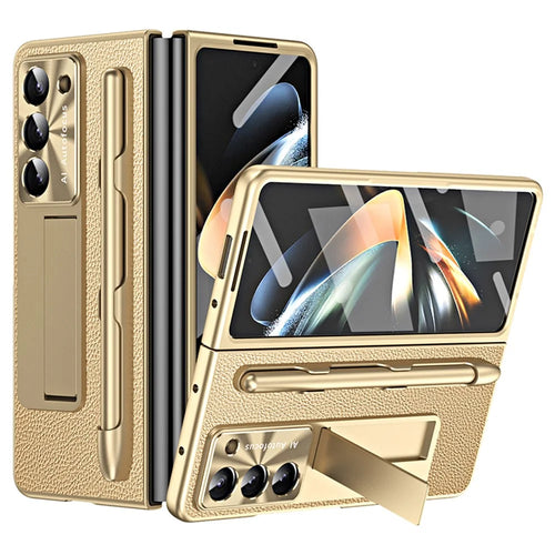 For Samsung Galaxy Z Fold6 5G Case Kickstand Leather+PC Hard Phone Cover with Screen Film and Stylus - Champagne Gold - 1