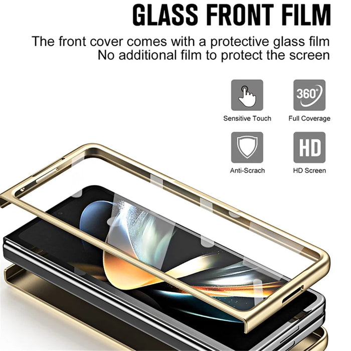 For Samsung Galaxy Z Fold6 5G Case Kickstand Leather+PC Hard Phone Cover with Screen Film and Stylus - Champagne Gold - 4