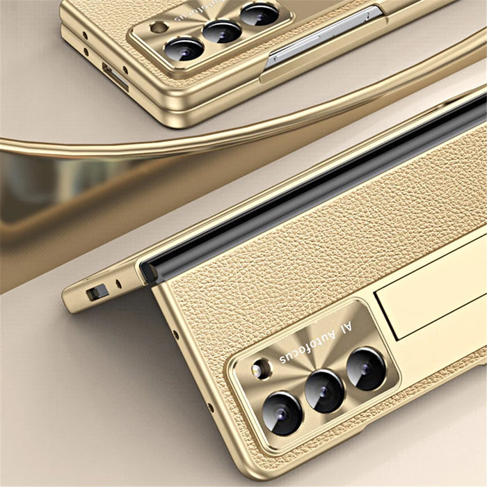 For Samsung Galaxy Z Fold6 5G Case Kickstand Leather+PC Hard Phone Cover with Screen Film and Stylus - Champagne Gold - 6