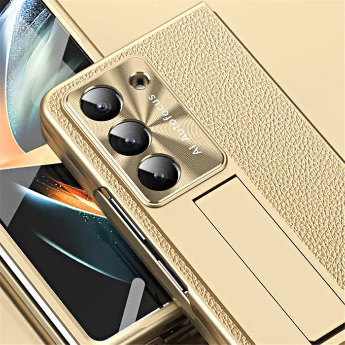 For Samsung Galaxy Z Fold6 5G Case Kickstand Leather+PC Hard Phone Cover with Screen Film and Stylus - Champagne Gold - 7