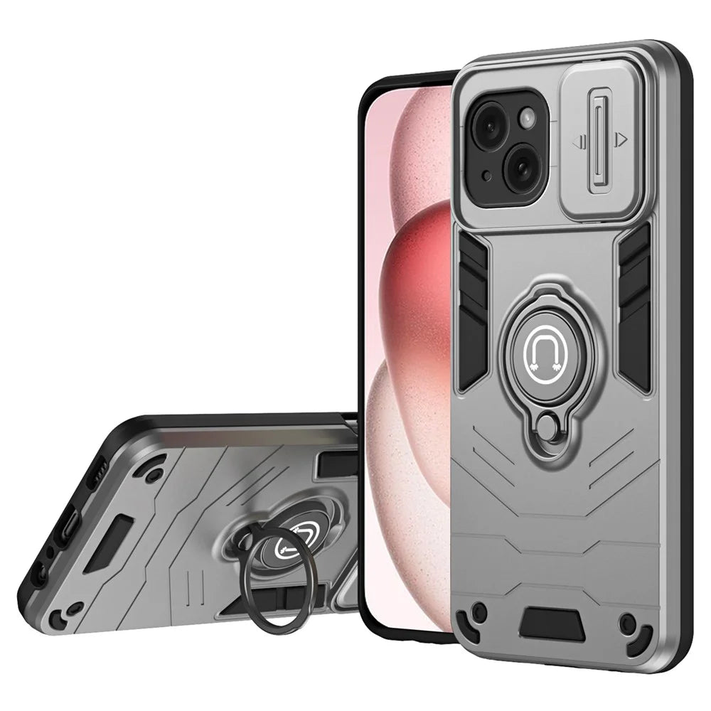 For iPhone 15 Case Ring Kickstand PC+TPU Phone Cover with Slide Lens Lid - Grey - 1