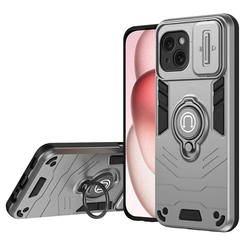 For iPhone 15 Plus Case Lens Protection PC+TPU Phone Cover with Kickstand - Grey - 1