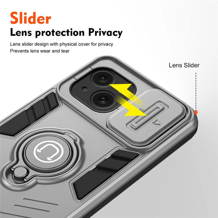 For iPhone 15 Plus Case Lens Protection PC+TPU Phone Cover with Kickstand - Grey - 3