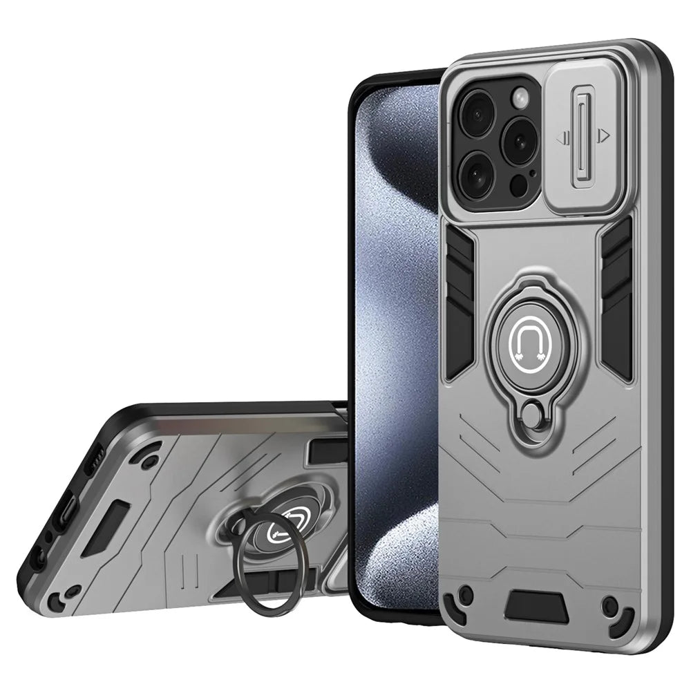 For iPhone 15 Pro Case with Slide Camera Cover PC+TPU Phone Protector Ring Holder - Grey - 1