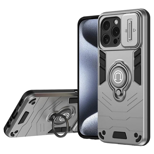 For iPhone 15 Pro Case with Slide Camera Cover PC+TPU Phone Protector Ring Holder - Grey - 1