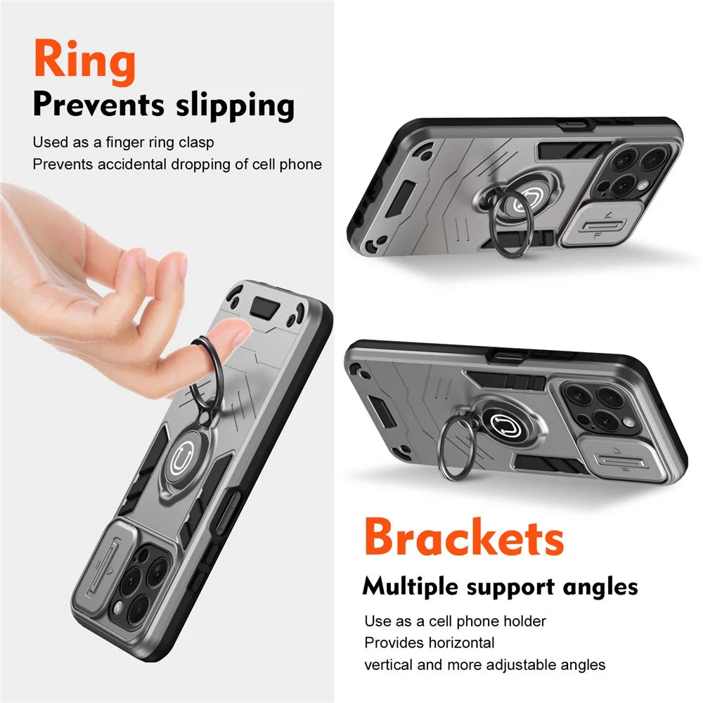 For iPhone 15 Pro Case with Slide Camera Cover PC+TPU Phone Protector Ring Holder - Grey - 2