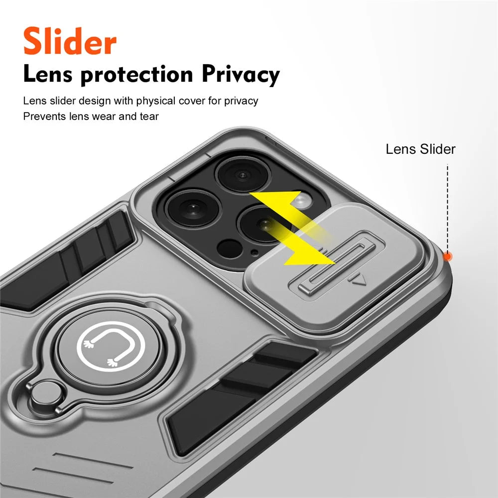 For iPhone 15 Pro Case with Slide Camera Cover PC+TPU Phone Protector Ring Holder - Grey - 3