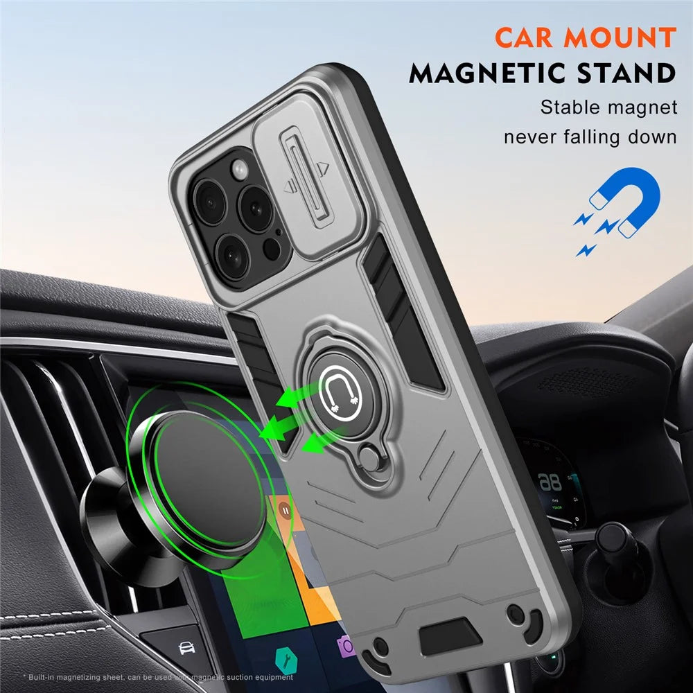 For iPhone 15 Pro Case with Slide Camera Cover PC+TPU Phone Protector Ring Holder - Grey - 5
